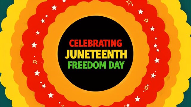 Juneteenth freedom day celebration graphic with colorful concentric circles and stars animation