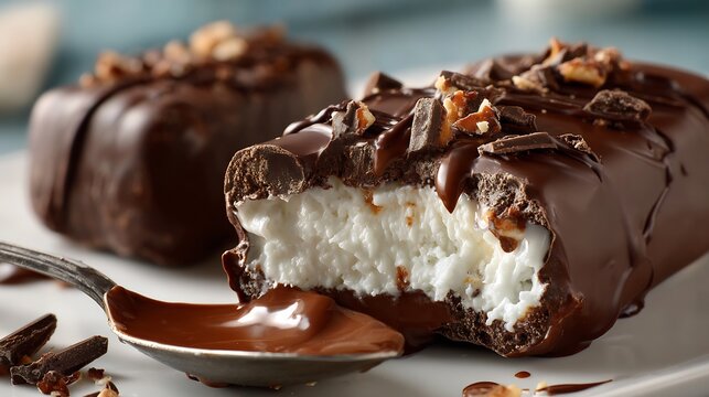 Broken chocolate covered ice cream bars with nut toppings and melted chocolate on a spoon