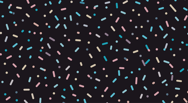 Seamless pattern of colorful sprinkles and dots in pastel shades scattered across a dark background resembling cake topping or festive confetti.