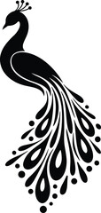 Fototapeta premium Elegant Black Peacock Silhouette Vector with Flowing Ornamental Tail Feathers – Minimalist Monochrome Art for Logos, Tattoos, Fashion, and Decorative Graphic Design Concepts