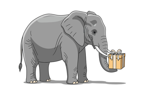 Gentle grey elephant uses its trunk to carefully hold a beautifully wrapped gift box with a white bow in this sweet animal illustration.
