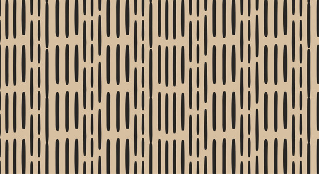 Geometric seamless pattern consists of vertical black dashed lines on a neutral tan background for modern minimalist textile design.
