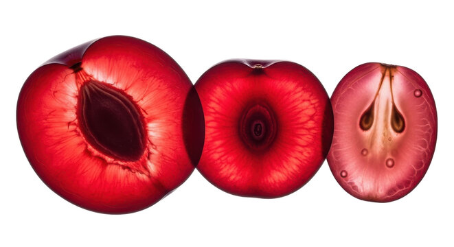 three red heart valves cross-section views isolated on transparent background