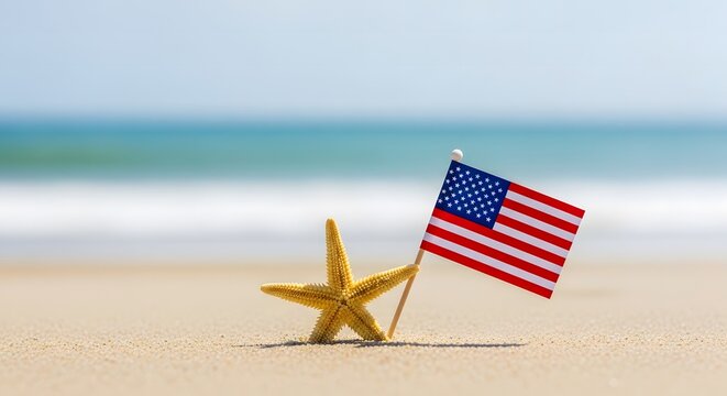 Happy independence day american flag and starfish on sandy beach