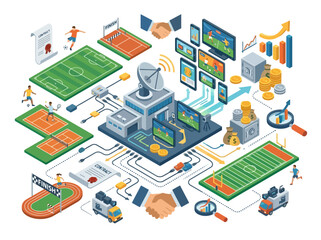 Fototapeta premium Isometric Sports Broadcasting and Digital Media Technology Concept. EPS Editable. Vector Illustrations.