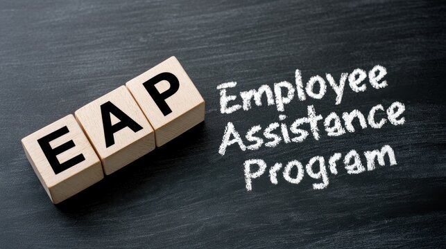 EAP Employee Assistance Program acronym on wooden blocks with chalk text on black chalkboard background