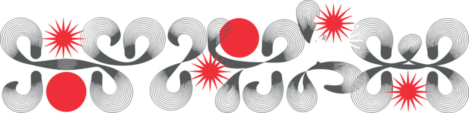 Abstract decorative vector border with flowing line art swirls red circles and star bursts for modern design projects