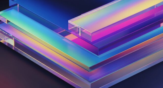 A vibrant layered composition of translucent acrylic rectangles featuring shimmering iridescent highlights and sharp geometric light reflections, geometric, reflection, artistic