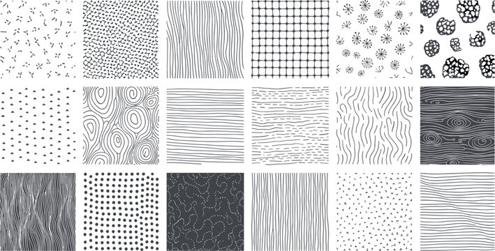 Hand drawn vector pattern set featuring various black and white textures including lines dots waves and geometric shape