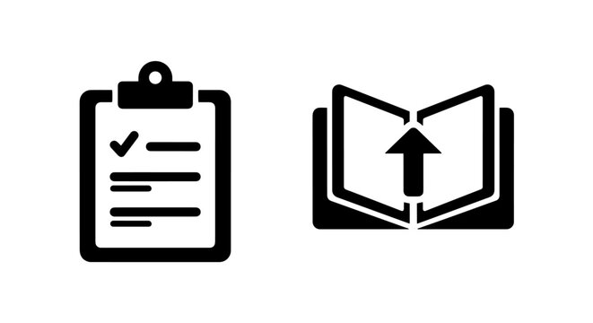 Clipboard task list and book with upload arrow, clipboard