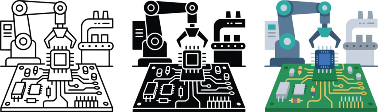 Set of industrial robot arm icons assembling a microchip on a circuit board depicting modern electronics manufacturing and smart factory automation