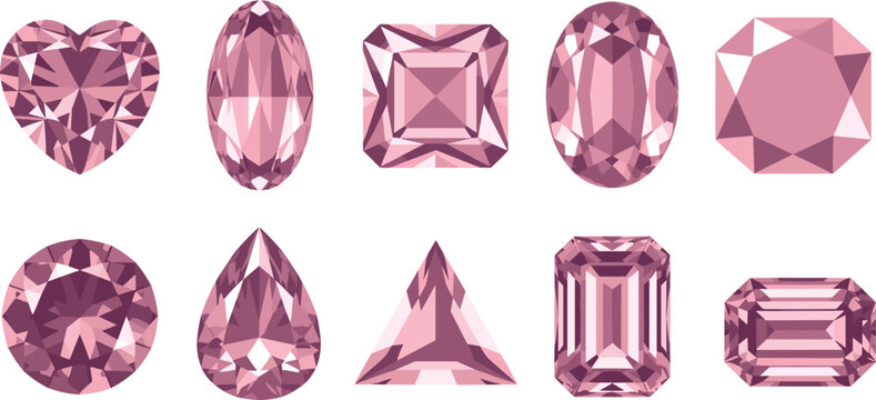 Set of various pink gemstone cuts including heart oval square round pear and emerald shapes for jewelry design