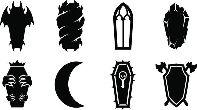 Halloween Gothic Silhouette Collection with Coffins Bats Crescent Moon and Shields