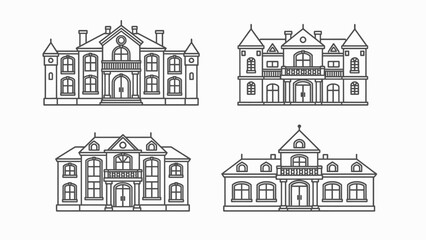 Vector Set of Elegant Mansion Facades, Outline Architecture © jembon