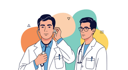 Fototapeta premium Professional medical scene features two male doctors in white lab coats with one using a stethoscope against a colorful abstract background.