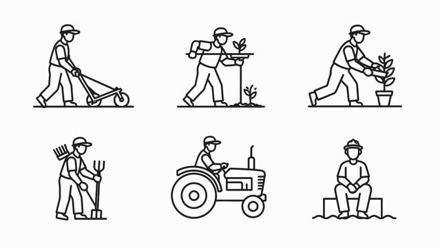 Gardening Icons: Planting, Mowing, Farming, Tractor, Gardener