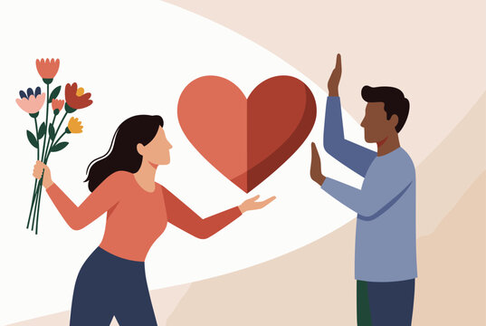Woman holding a bouquet of flowers offers her love while a man rejects the gesture with his hands raised in a stopping motion.