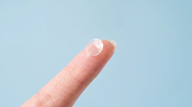 Microneedle acne patch on a fingertip over a pastel blue background