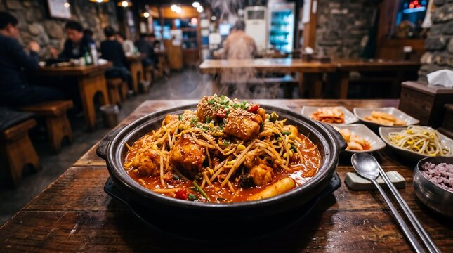 Steaming spicy Korean braised monkfish with bean sprouts at a restaurant