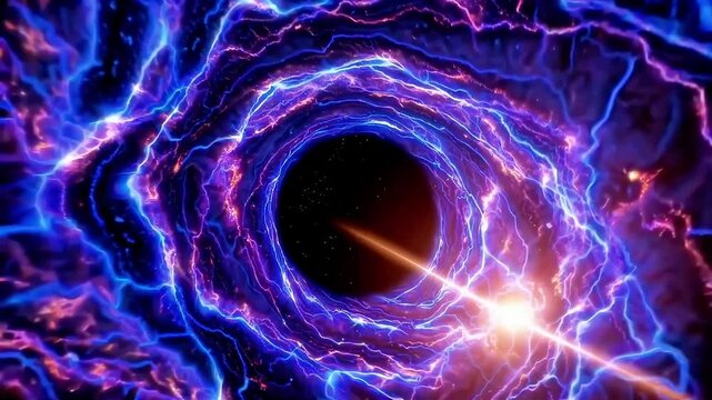 Powerful space energy vortex spinning with blue and purple gas nebulae while brilliant light beam erupts from dark center of cosmic anomaly. Intense atmosphere of galactic phenomenon