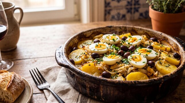 Traditional Portuguese Bacalhau a Gomes de Sa baked salt cod with potatoes