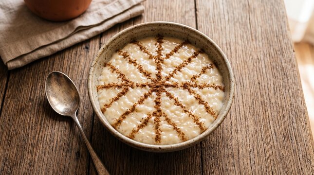 Creamy Portuguese rice pudding arroz doce with cinnamon pattern on rustic table.