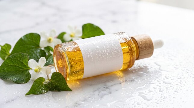 Skincare oil bottle mockup with water droplets and heartleaf on white marble