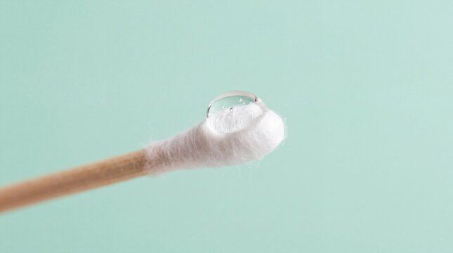 Clear gel drop on a cotton swab for acne treatment on pastel mint background.