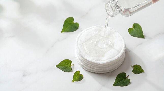 Pouring clear skincare toner onto cotton pads with green heartleaf leaves