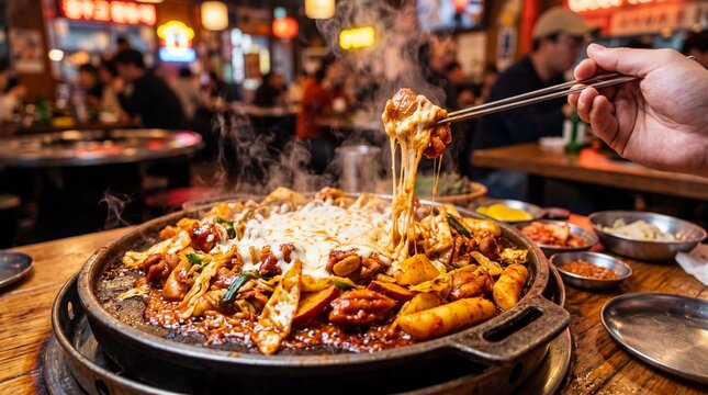 Cheesy Korean dakgalbi spicy chicken sizzling on a hot restaurant griddle