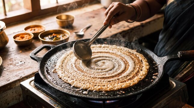 Spreading batter on a hot cast iron griddle to make crispy South Indian dosa.