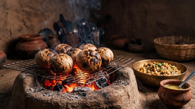 Traditional Bihari Litti Chokha roasting over a rustic charcoal clay stove.