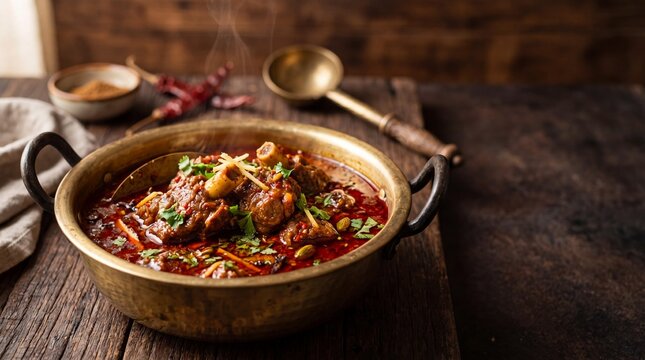Steaming Rajasthani Laal Maas mutton curry served in a traditional brass handi