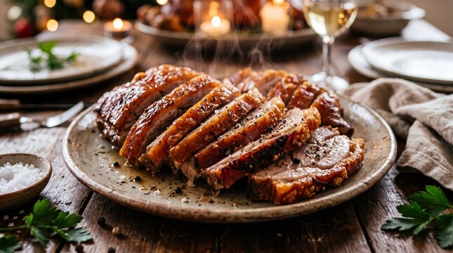 Sliced Portuguese roast suckling pig on a festive Christmas dinner table.