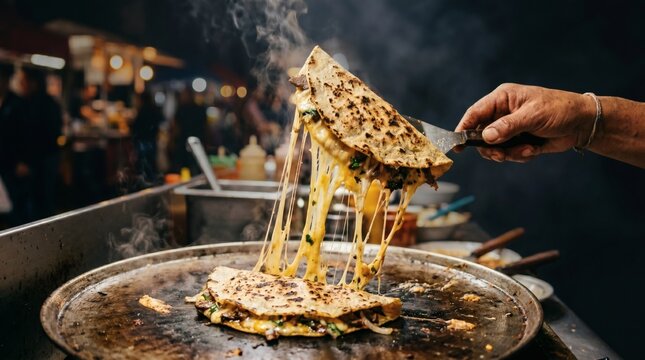 Fresh Mexican quesadilla with melted cheese pull lifted from a hot comal grill.