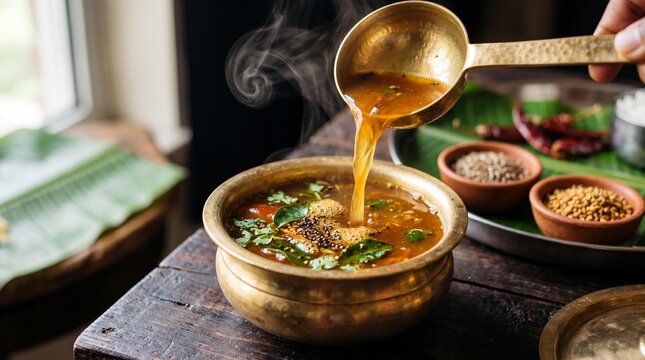 Pouring steaming hot South Indian rasam soup into a traditional brass bowl