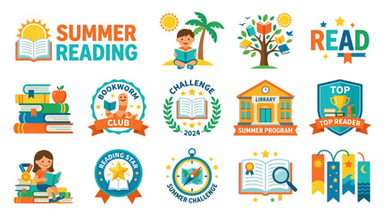 Naklejka premium Children participate in outdoor summer reading challenge with books and badges