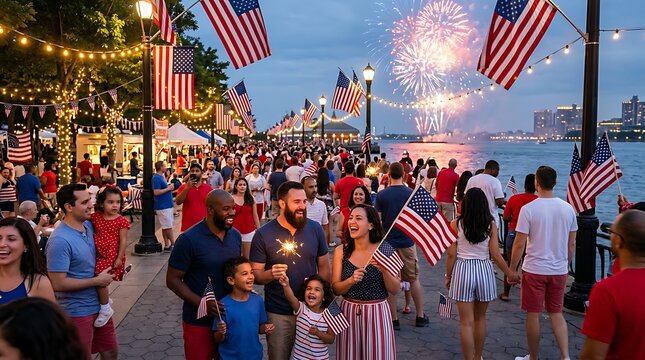 Diverse crowd celebrating Independence Day with fireworks and flags