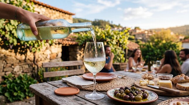 Pouring white wine into a glass during a rustic outdoor dinner with friends.