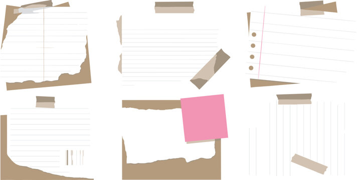 Set of assorted torn paper note scraps, lined memo sheets, and sticky notes with adhesive tape isolated vector.