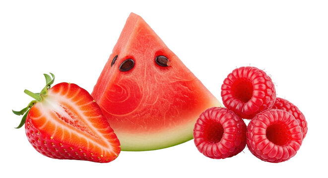 cute watermelon and strawberry with raspberries cartoon character isolated on transparent background