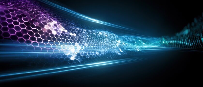 Abstract hexagonal honeycomb pattern with glowing purple and blue neon light trails. Futuristic technology background representing digital network and data connection