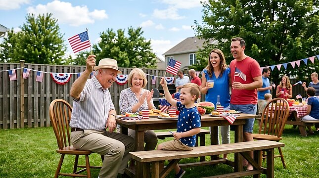 Multi generational family celebrating 4th of July with backyard BBQ