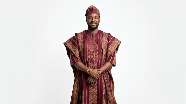 Happy Nigerian man wearing traditional agbada clothing isolated on white