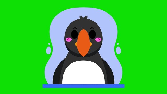 Animated flat character of a cute penguin bird head with an orange beak inside a blue circle frame with a green background.