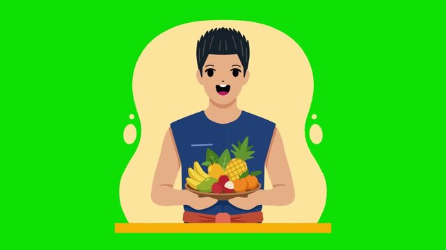 Animated flat character of a young man holding a fresh fruit platter basket on a yellow circle background. 