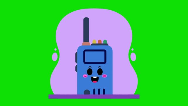 Cute 2D animated blue walkie talkie radio character smiling inside a purple circle frame with a green background.