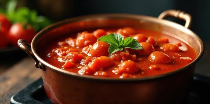 Hearty tomato sauce simmering in a large copper pot, copper pot, tomato sauce, ingredients