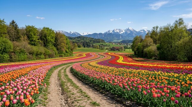 Beautiful landscape field colorful tulips surrounded Springtime meadow scene in Zollikon, Zurich featuring vibrant greenery