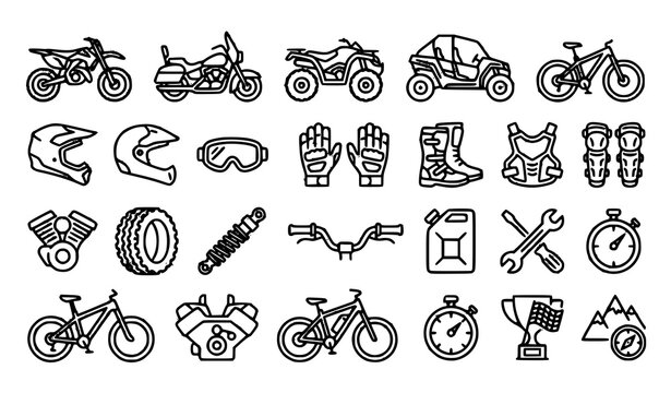 Motorcycle, Dirt Bike, ATV, UTV, Mountain Bike and Riding Gear Thin Line Icons Collection